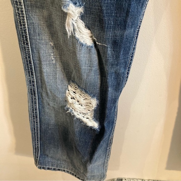 AFFLICTION Sz 33 Cooper Distressed Straight Leg Rubber Logo Patch Jeans - Picture 10 of 16